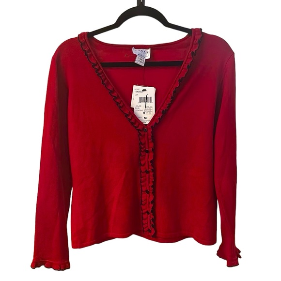 Oscar de la Renta Sweaters - Vintage Oscar De La Renta Red Cardigan Sweater with Black Ruffles NEW